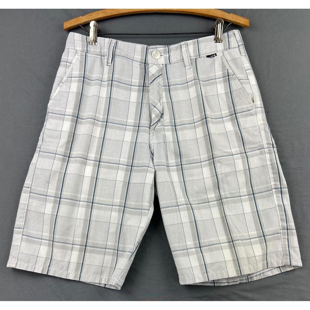 Hurley Plaid Walk Shorts Mens 29 White Grey Blue Flat Front Casual Excellent